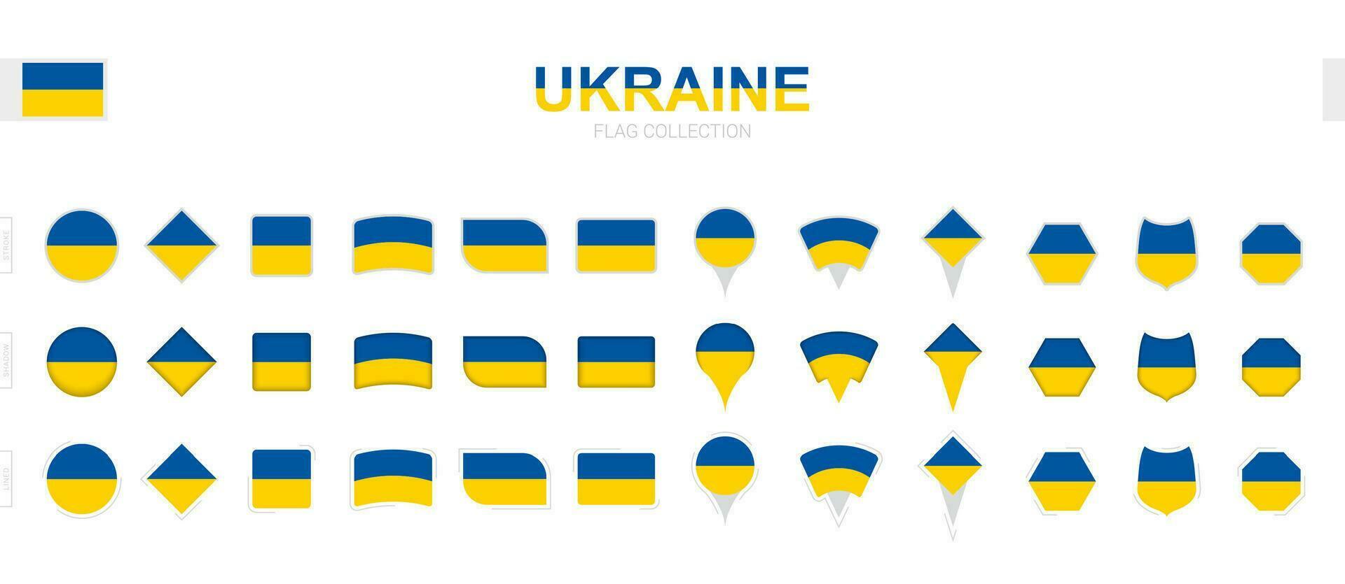 Large collection of Ukraine flags of various shapes and effects. vector