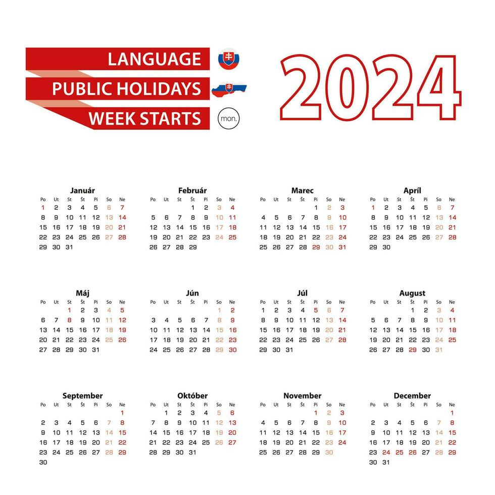 Calendar 2024 in Slovak language with public holidays the country of Slovakia in year 2024. vector