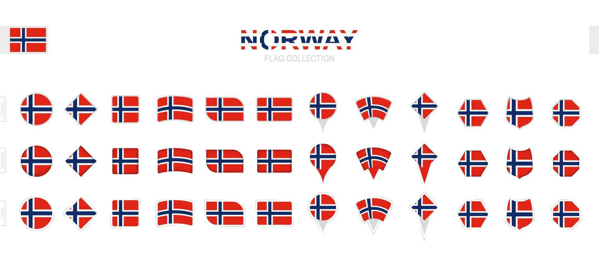 Large collection of Norway flags of various shapes and effects. vector