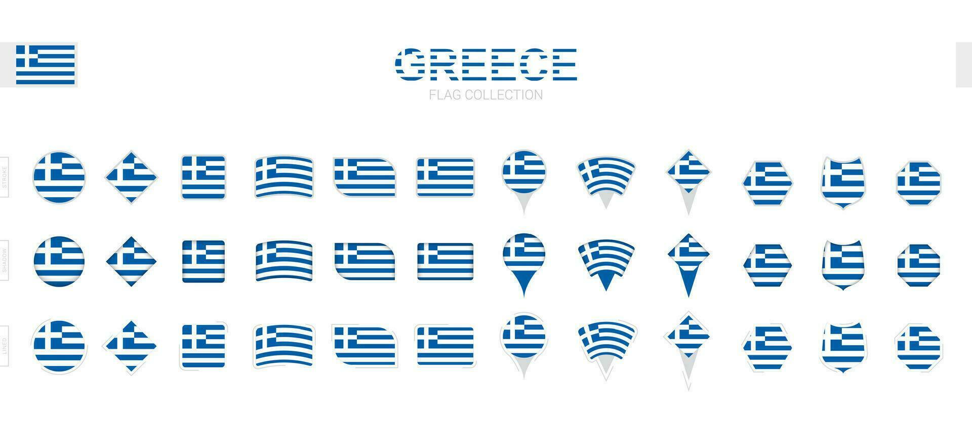 Large collection of Greece flags of various shapes and effects. vector