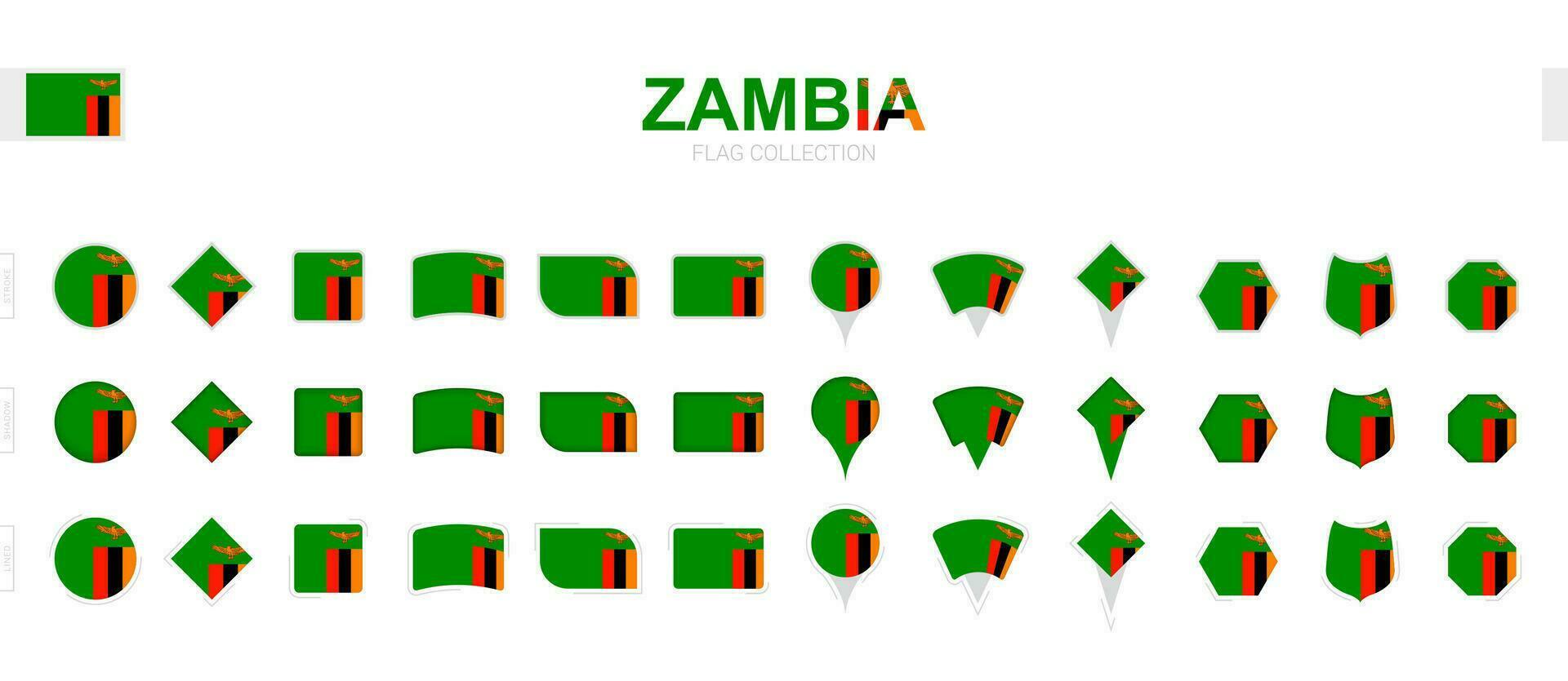 Large collection of Zambia flags of various shapes and effects. vector