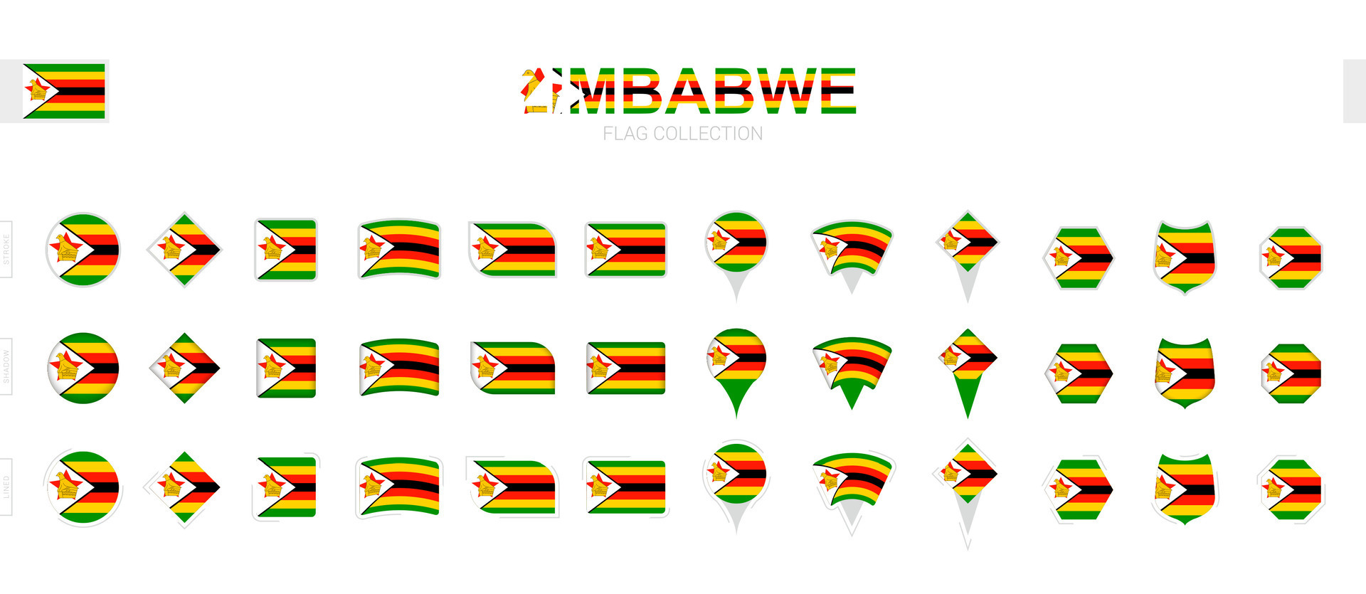 Large collection of Zimbabwe flags of various shapes and effects