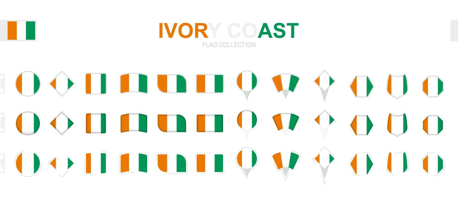 Large collection of Ivory Coast flags of various shapes and effects. vector