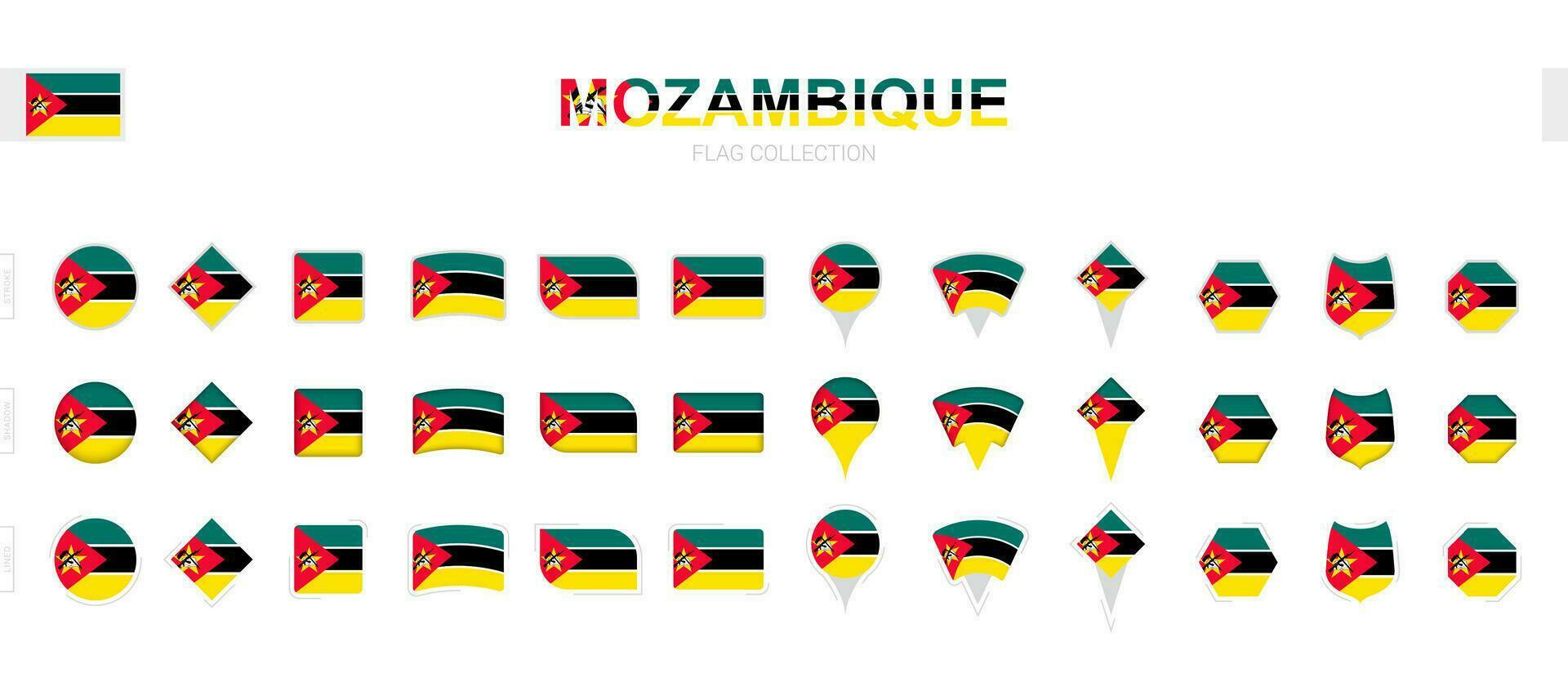Large collection of Mozambique flags of various shapes and effects. vector
