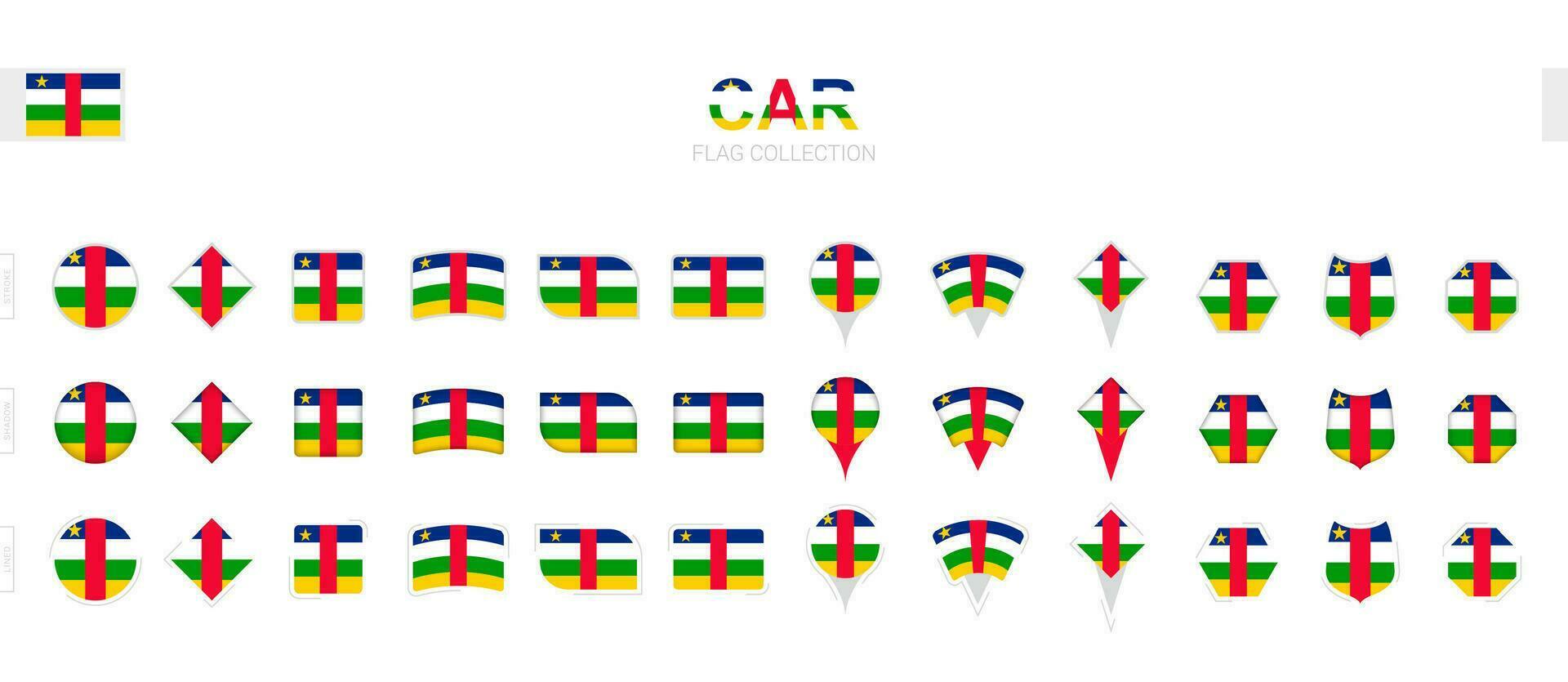 Large collection of Central African Republic flags of various shapes and effects. vector