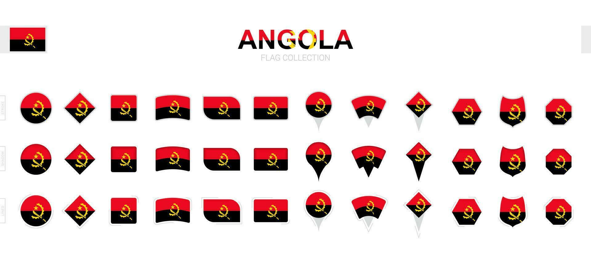 Large collection of Angola flags of various shapes and effects. vector
