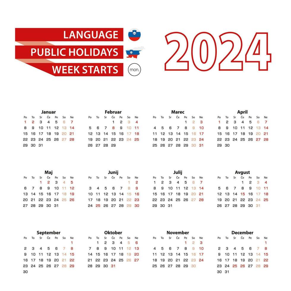 Calendar 2024 in Slovene language with public holidays the country of Slovenia in year 2024. vector