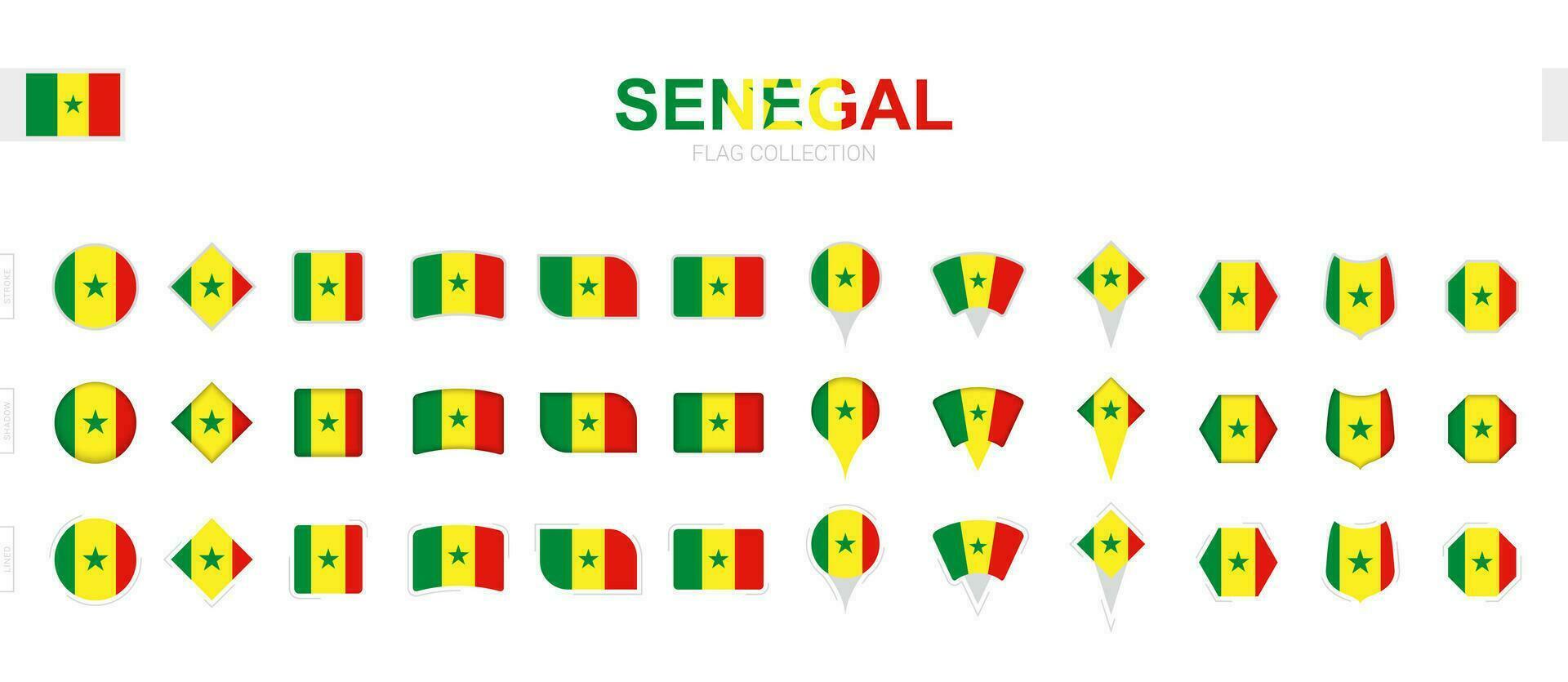 Large collection of Senegal flags of various shapes and effects. vector