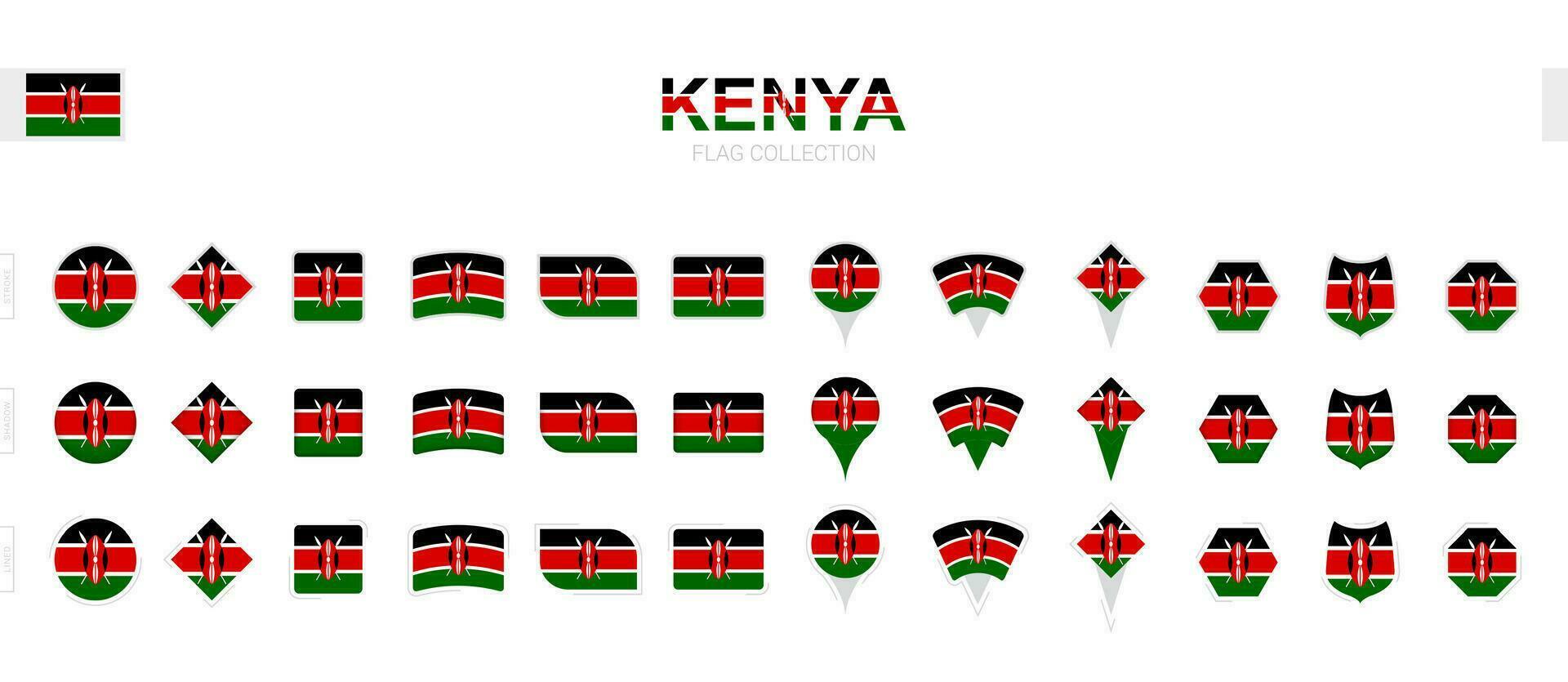Large collection of Kenya flags of various shapes and effects. vector