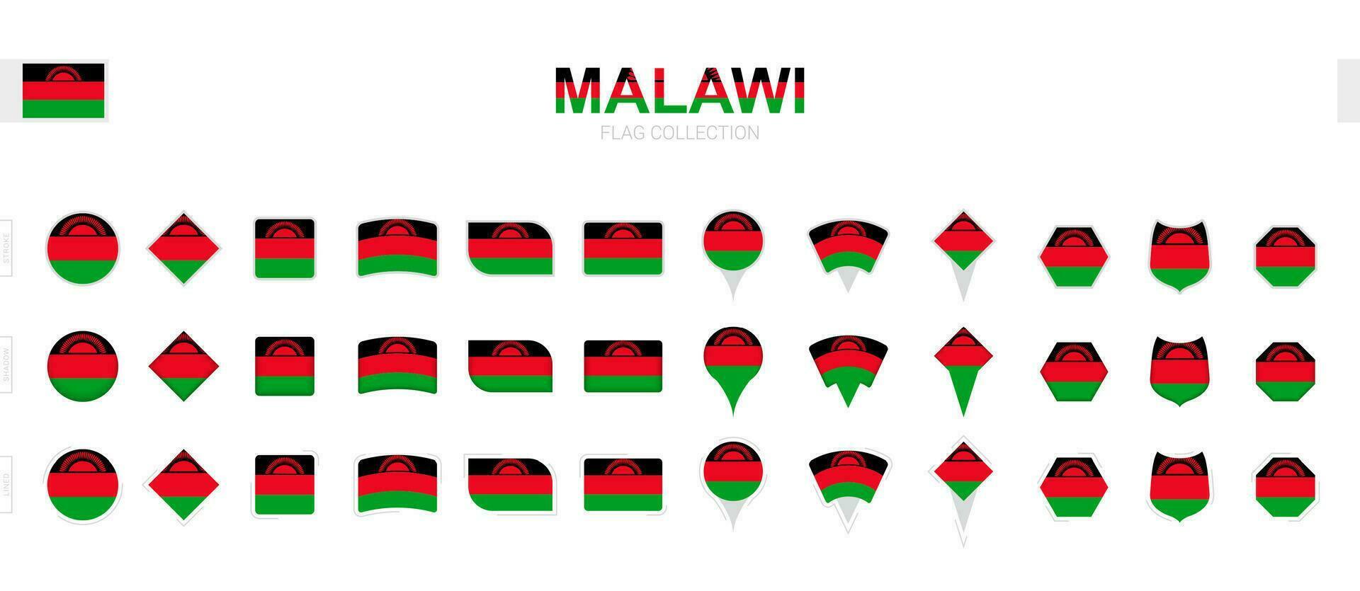 Large collection of Malawi flags of various shapes and effects. vector