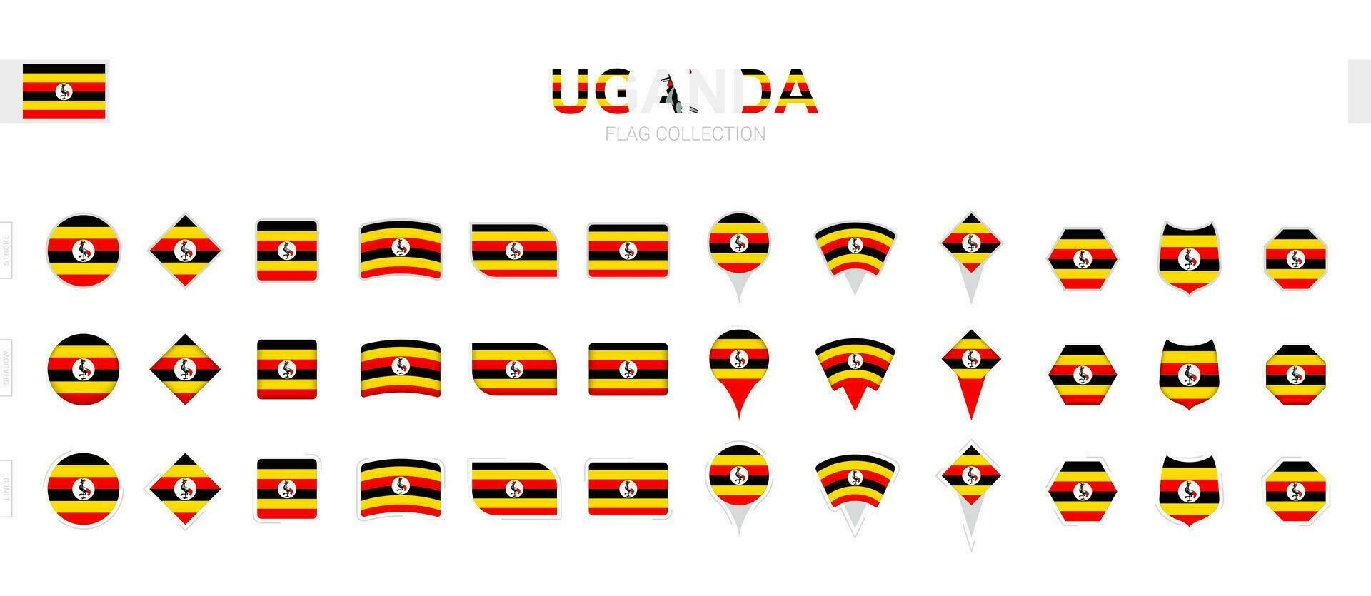 Large collection of Uganda flags of various shapes and effects. vector