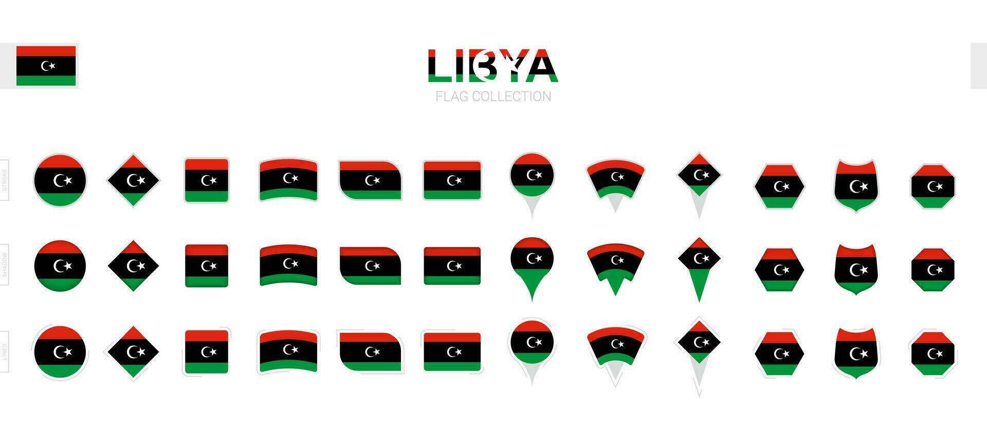 Large collection of Libya flags of various shapes and effects. vector