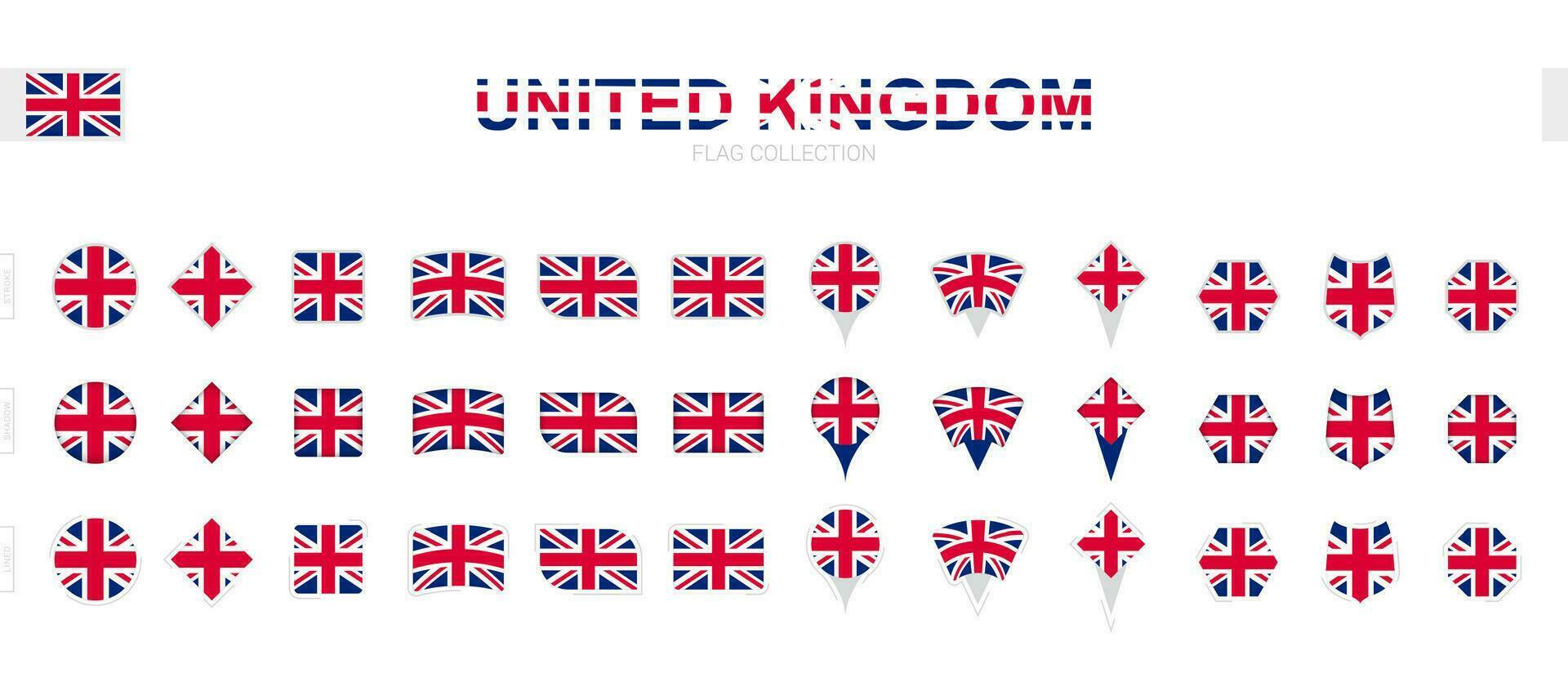 Large collection of United Kingdom flags of various shapes and effects. vector