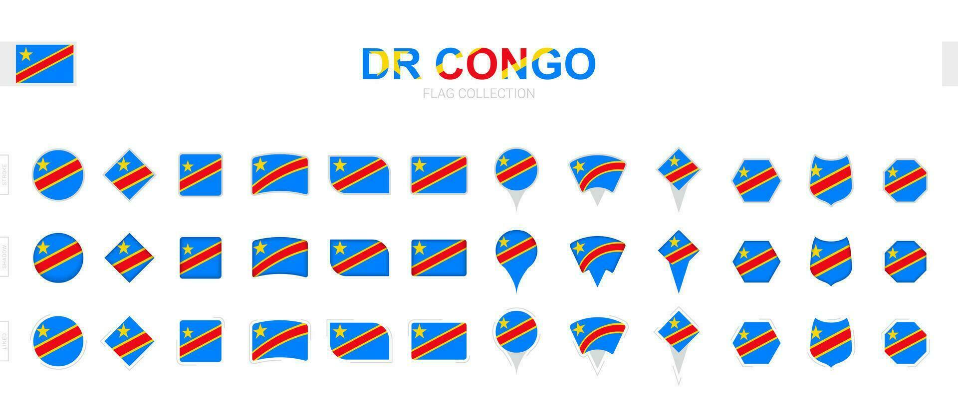 Large collection of DR Congo flags of various shapes and effects. vector