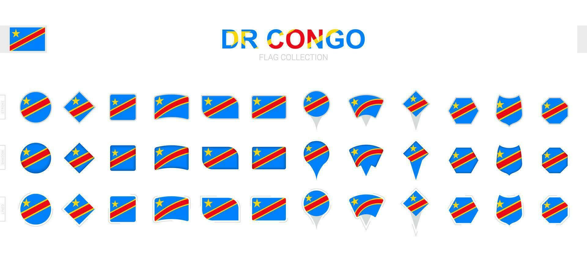 Large collection of DR Congo flags of various shapes and effects. vector