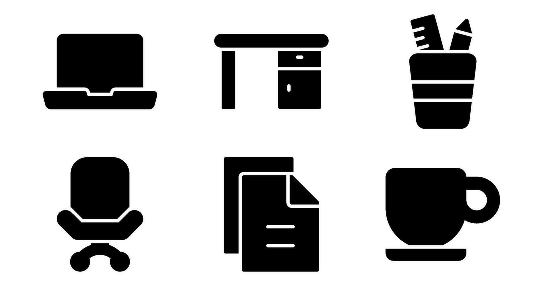 Office Icons.  Vector Graphics Featuring Designs of laptop, desk, files, coffee mug, chair, pen holder. Icon Set in solid Style