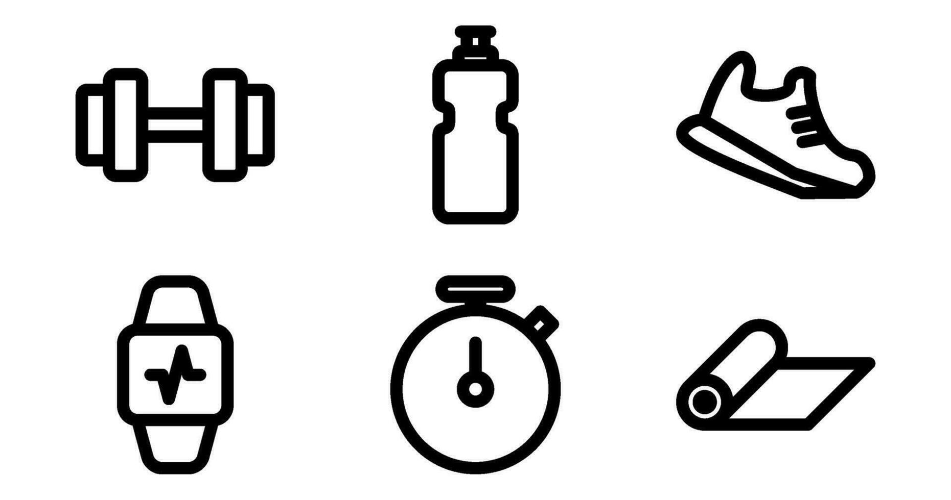Fitness Icons. Vector Graphics Featuring Designs of dumbbell, yoga mat, stopwatch, water bottle, running shoes, fitness tracker. Icon Set in Bold Style