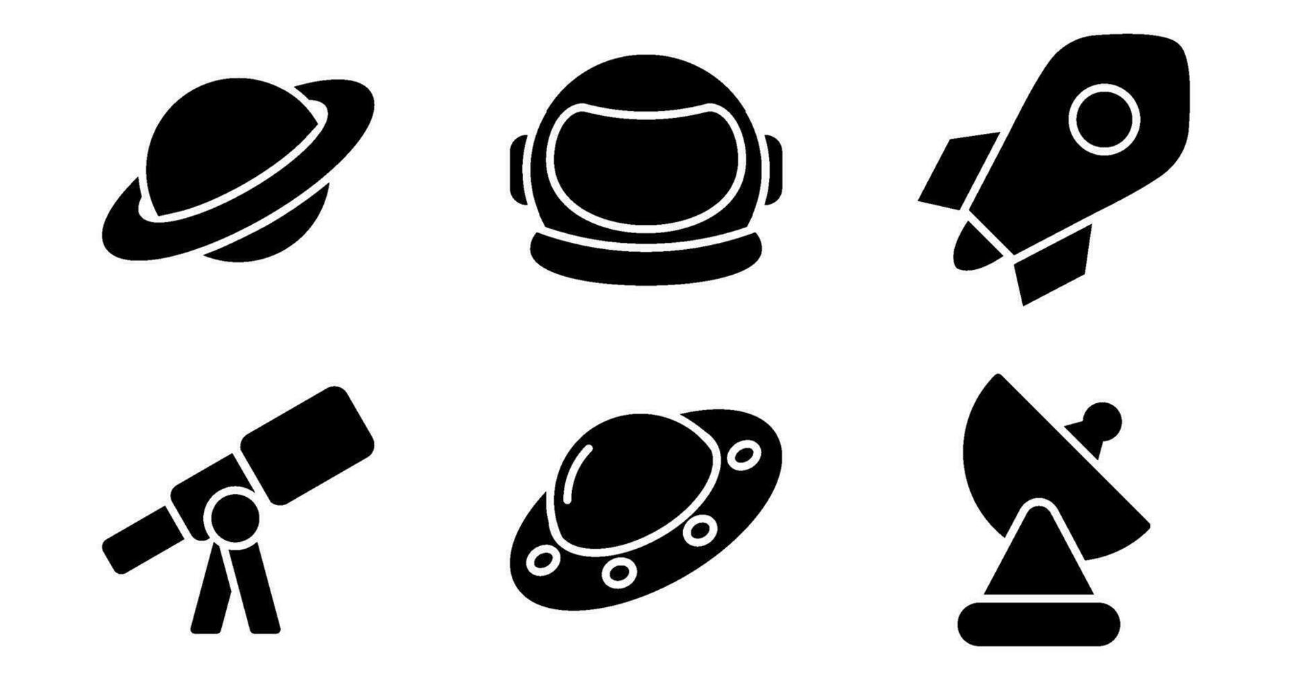 espacio iconos vector gráficos presentando diseños de planeta, cohete, astronauta casco, telescopio, satélite, OVNI. icono conjunto en sólido estilo