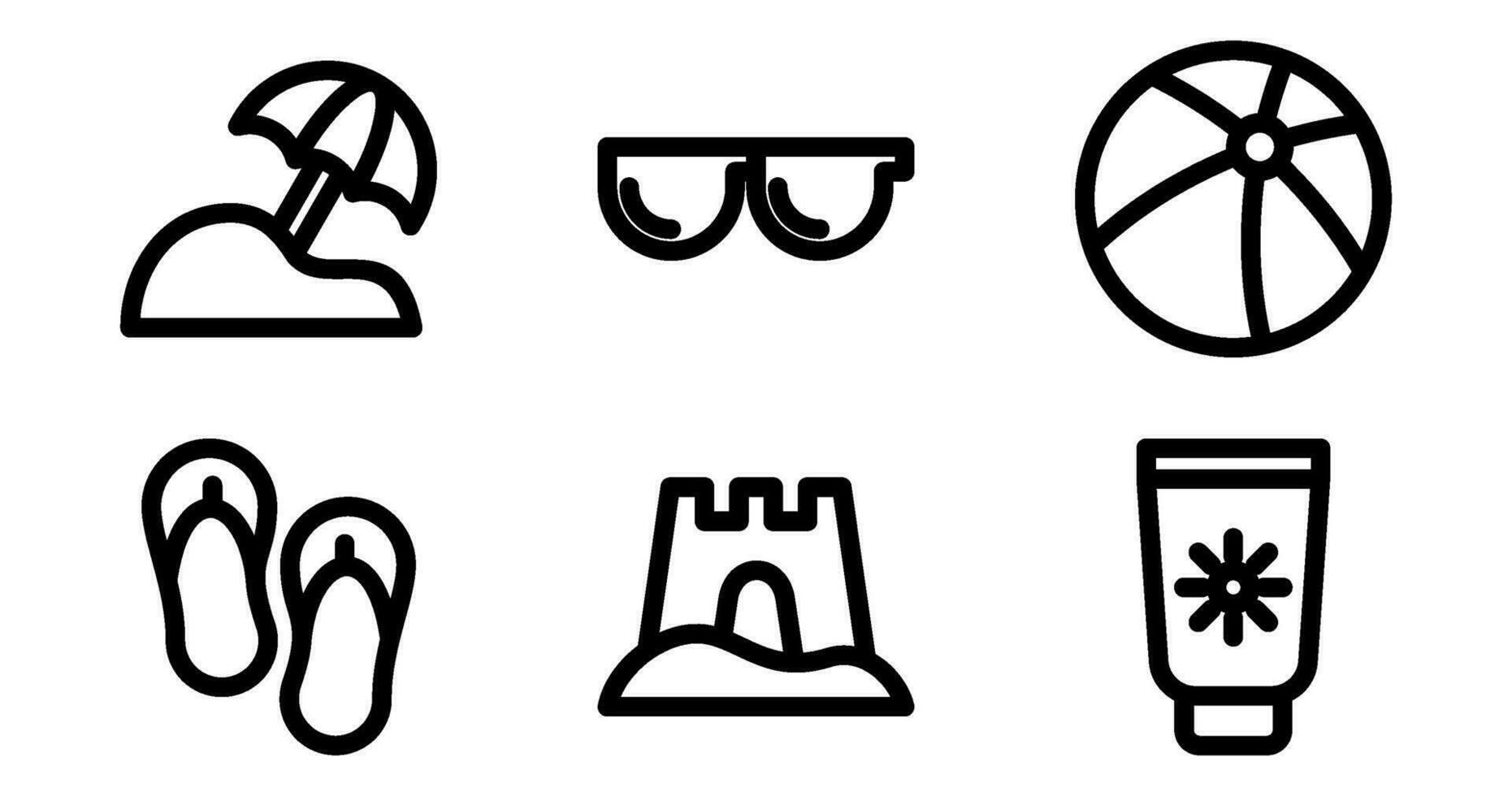 Beach Icons. Vector Graphics Featuring Designs of umbrella, sandcastle, sunglasses, flip flops, beach ball, sunscreen. Icon Set in Bold Style