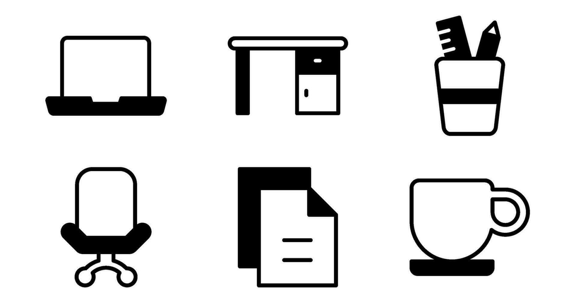 Office Icons.  Vector Graphics Featuring Designs of laptop, desk, files, coffee mug, chair, pen holder. Icon Set in semi solid Style