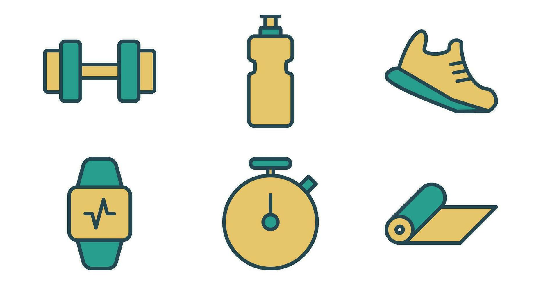 Fitness Icons. Vector Graphics Featuring Designs of dumbbell, yoga mat, stopwatch, water bottle, running shoes, fitness tracker. Icon Set in filled outline Style