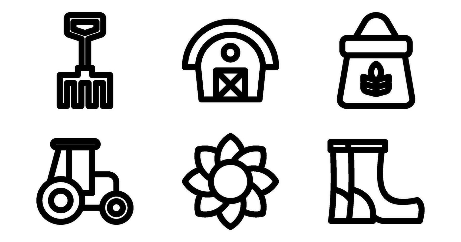 Farm Icons. Vector Graphics Featuring Designs of Barn, Tractor, Pitchfork, Wheat, Boots, Sunflower. Icon Set in Bold Style