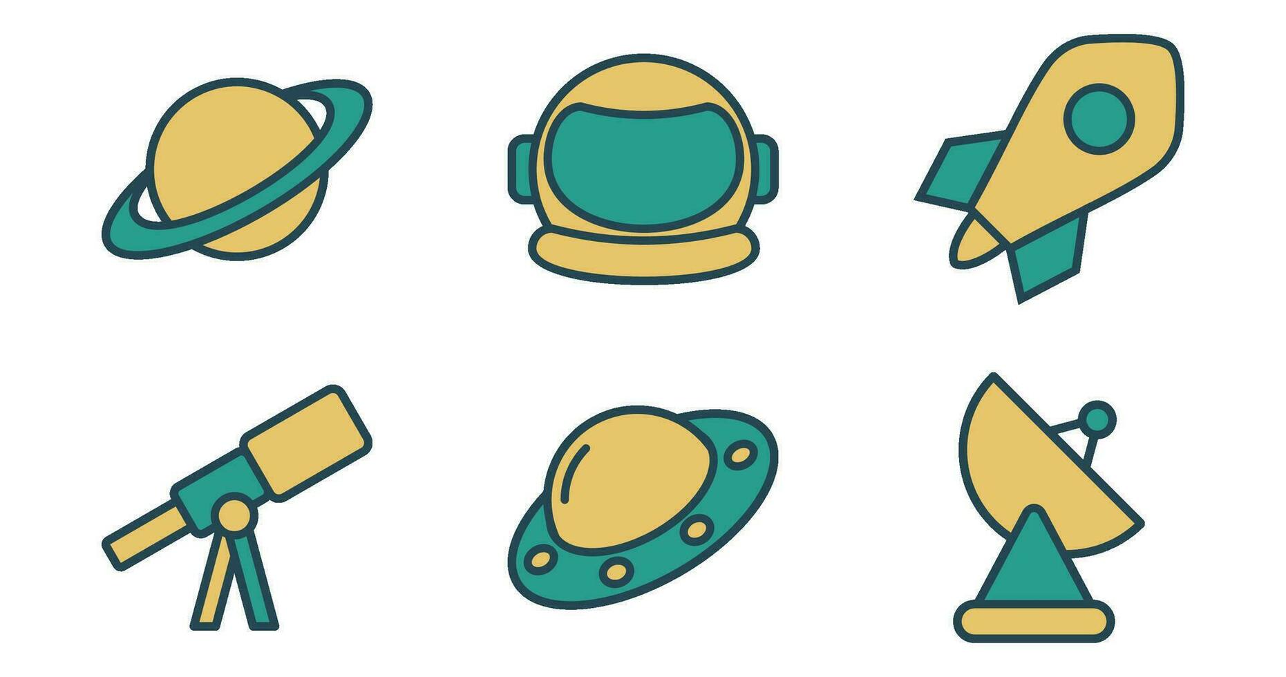 espacio iconos vector gráficos presentando diseños de planeta, cohete, astronauta casco, telescopio, satélite, OVNI. icono conjunto en lleno línea estilo