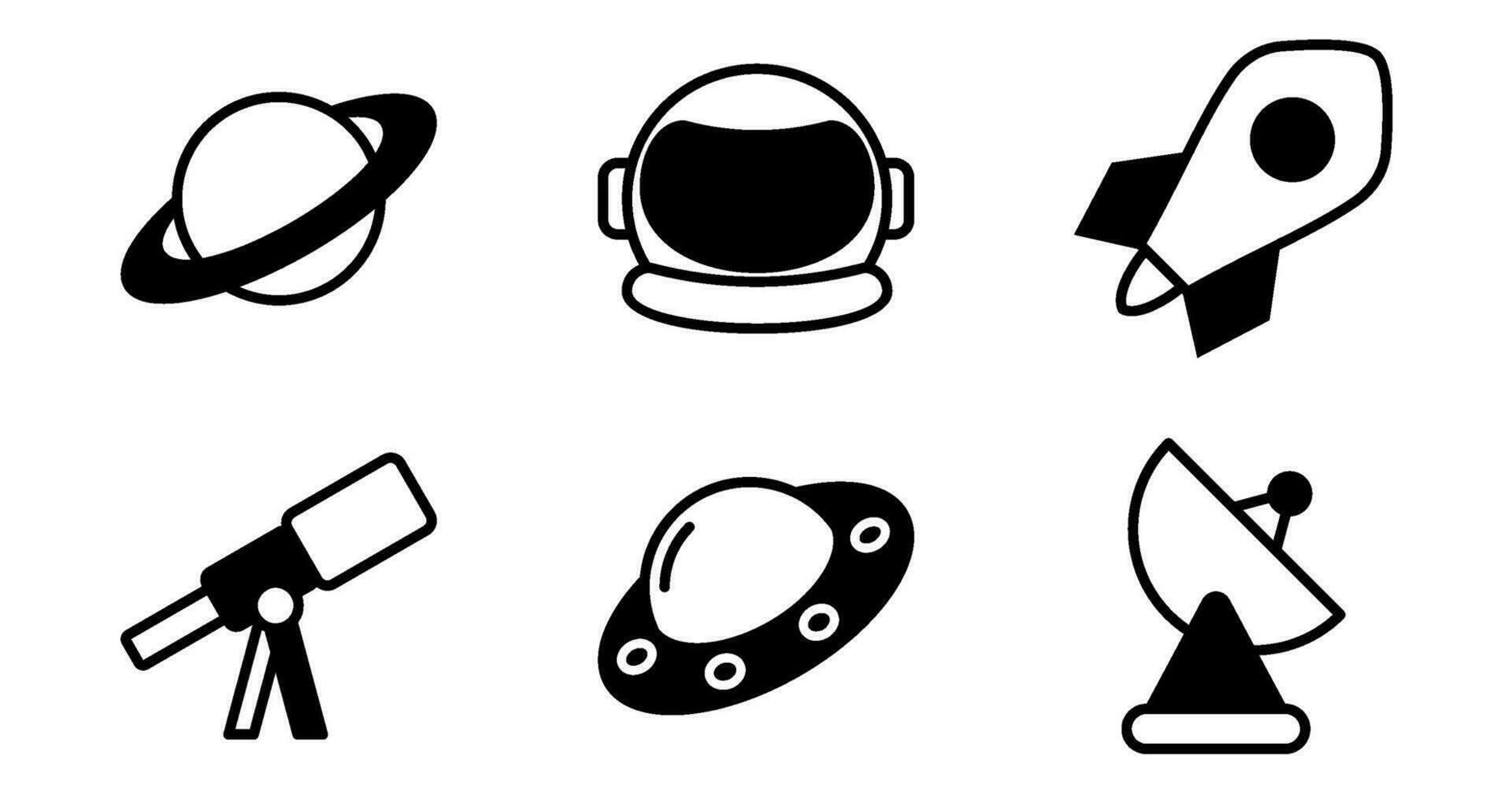 Space Icons. Vector Graphics Featuring Designs of planet, rocket, astronaut helmet, telescope, satellite, UFO. Icon Set in semi solid Style