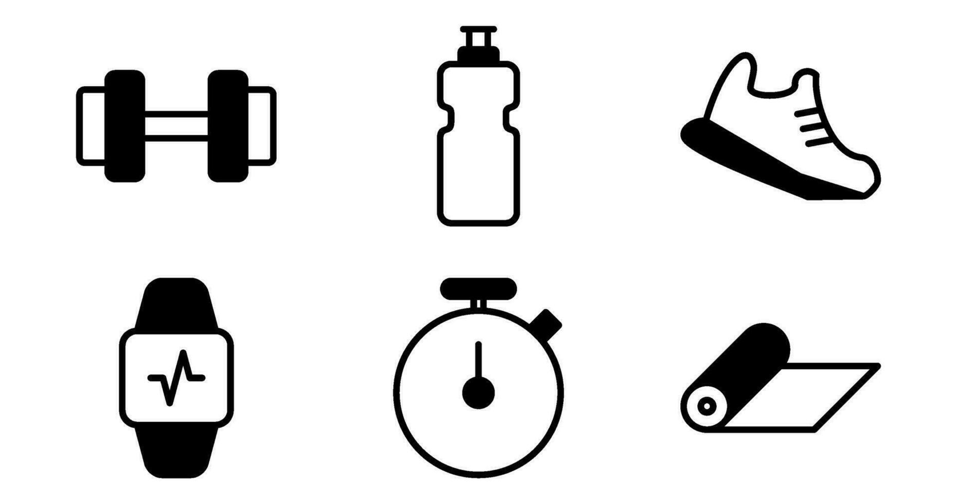 Fitness Icons. Vector Graphics Featuring Designs of dumbbell, yoga mat, stopwatch, water bottle, running shoes, fitness tracker. Icon Set in semi solid Style