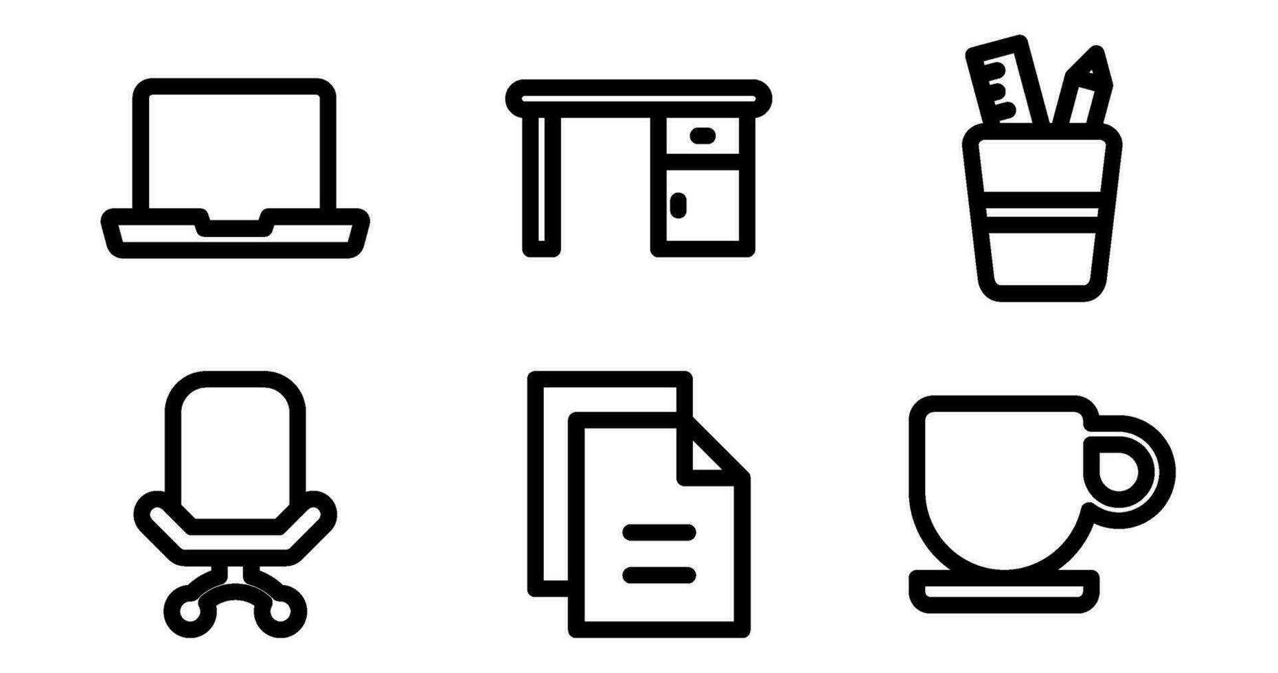 Office Icons.  Vector Graphics Featuring Designs of laptop, desk, files, coffee mug, chair, pen holder. Icon Set in Bold Style