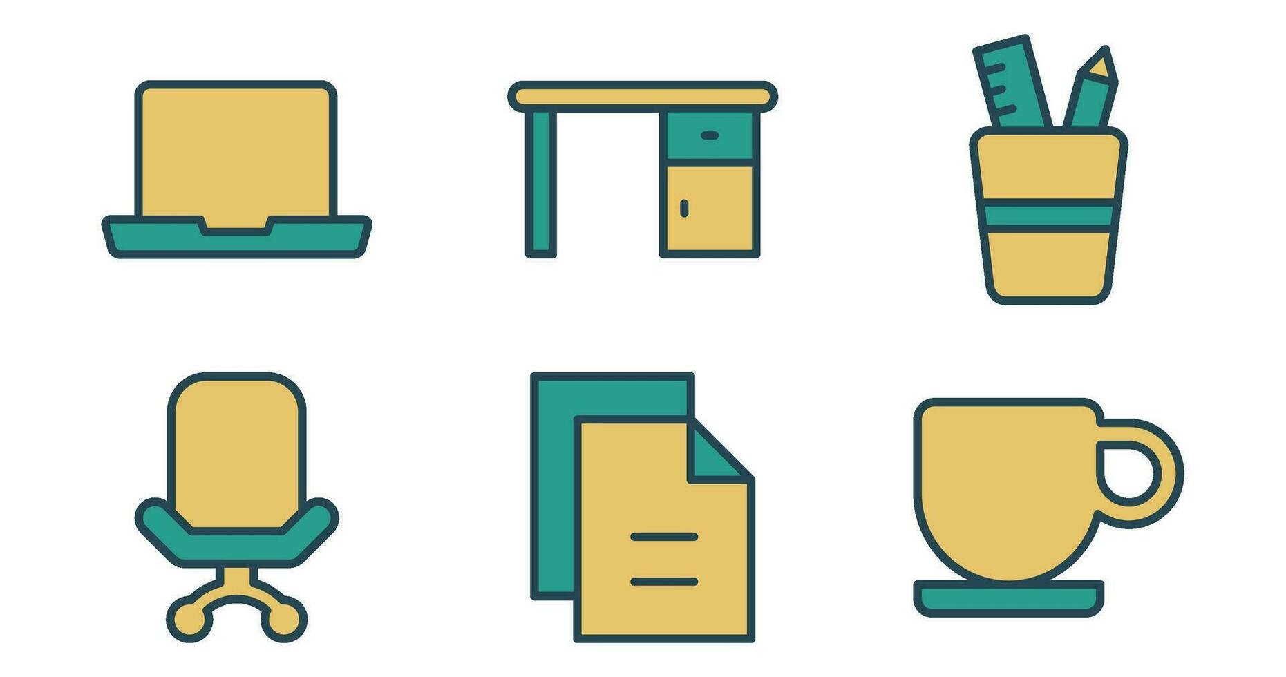 Office Icons.  Vector Graphics Featuring Designs of laptop, desk, files, coffee mug, chair, pen holder. Icon Set in filled line Style