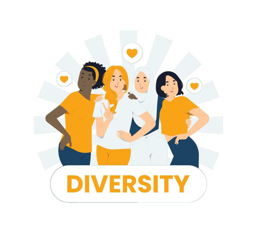 Happy young friends of different ethnicity, culture, Multiethnic group of people enjoying standing together, Diversity concept illustration vector