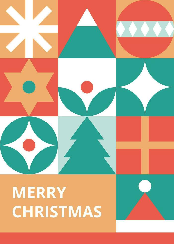 Bauhaus-Style Christmas postcard with Trendy colored mosaic texture. Geometric seamless pattern with winter elements. Christmas decoration in Scandinavian style. Happy holidays card. New year texture. vector