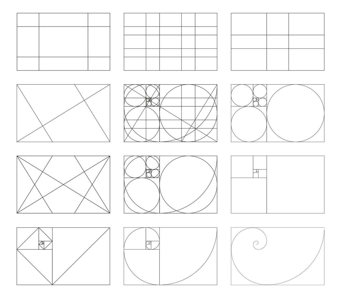 Golden ratio template. Method golden section. Set of harmony proportions rectangles. Vector outline illustration. Fibonacci array, numbers. Collection of golden proportions.