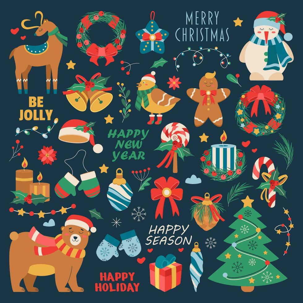 Set of Christmas toy, deer, wreath, bird, bell, text, lollipop, candle, glove, snowman, beer, garland, snowflake. vector
