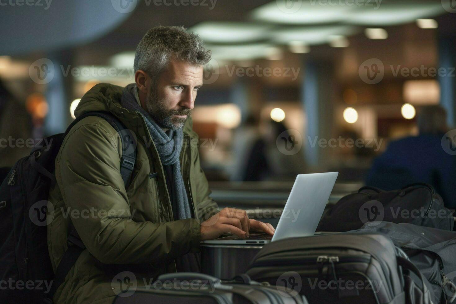 AI generated nomad working in an airport terminal, generative ai photo