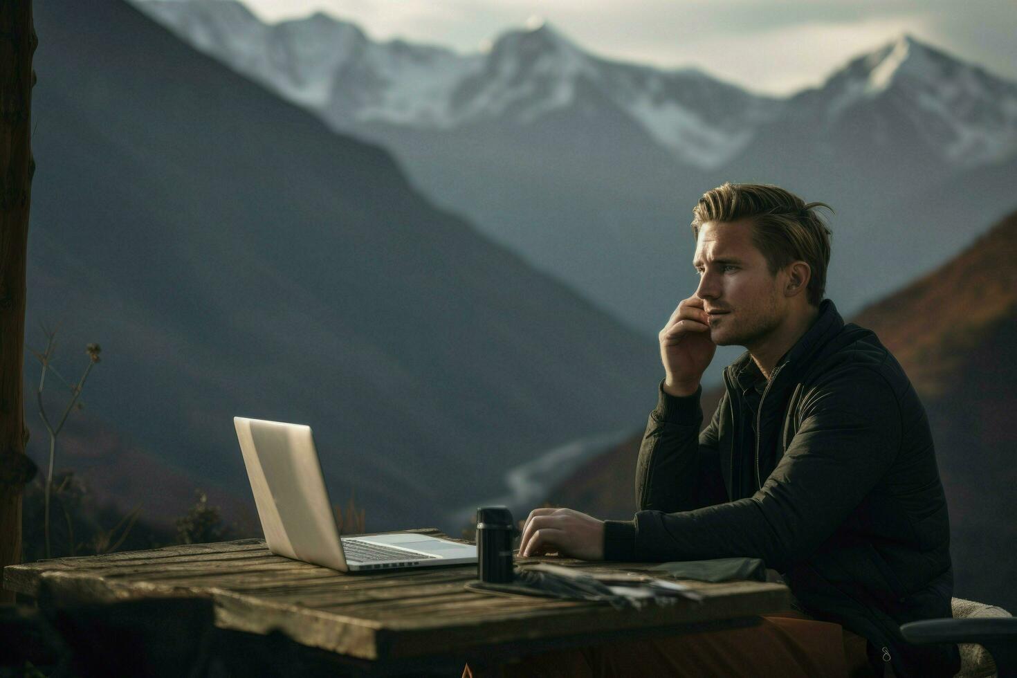 AI generated nomadic worker in the mountains. generative ai photo