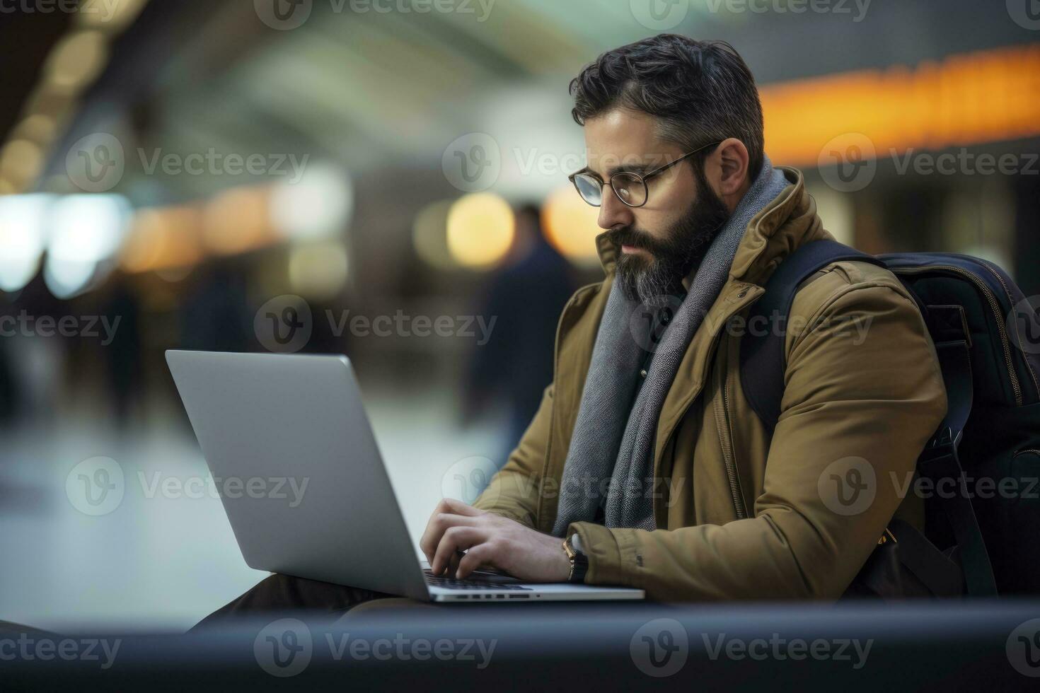 AI generated nomad working in an airport terminal, generative ai photo