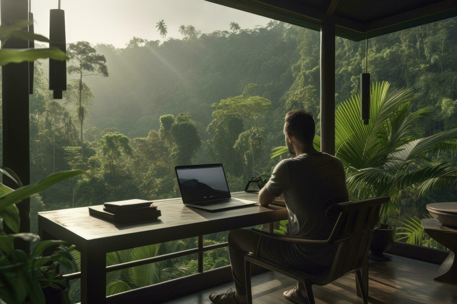 AI generated nomad worker looking out at a view of a jungle, generative ai photo