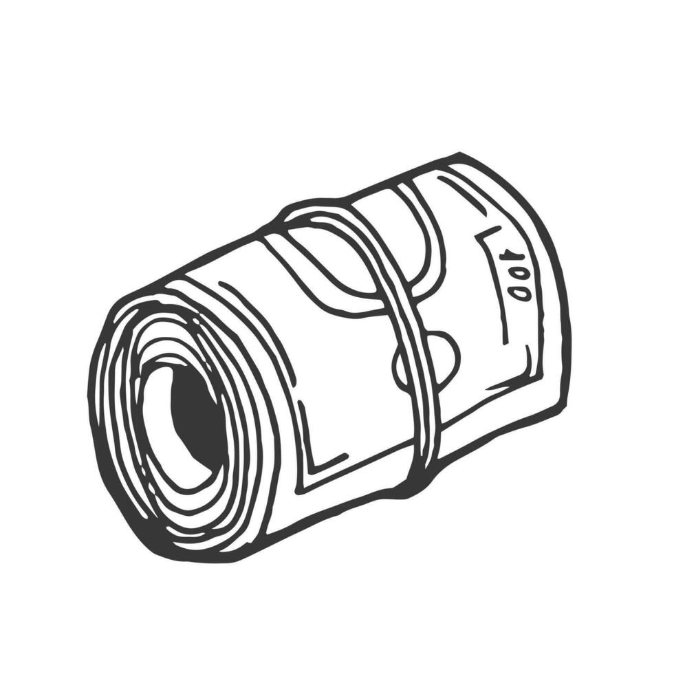 A roll of dollars is wound with a rubber band. Hand Drawn. Freehand drawing. Doodle. Sketch. Outline. vector