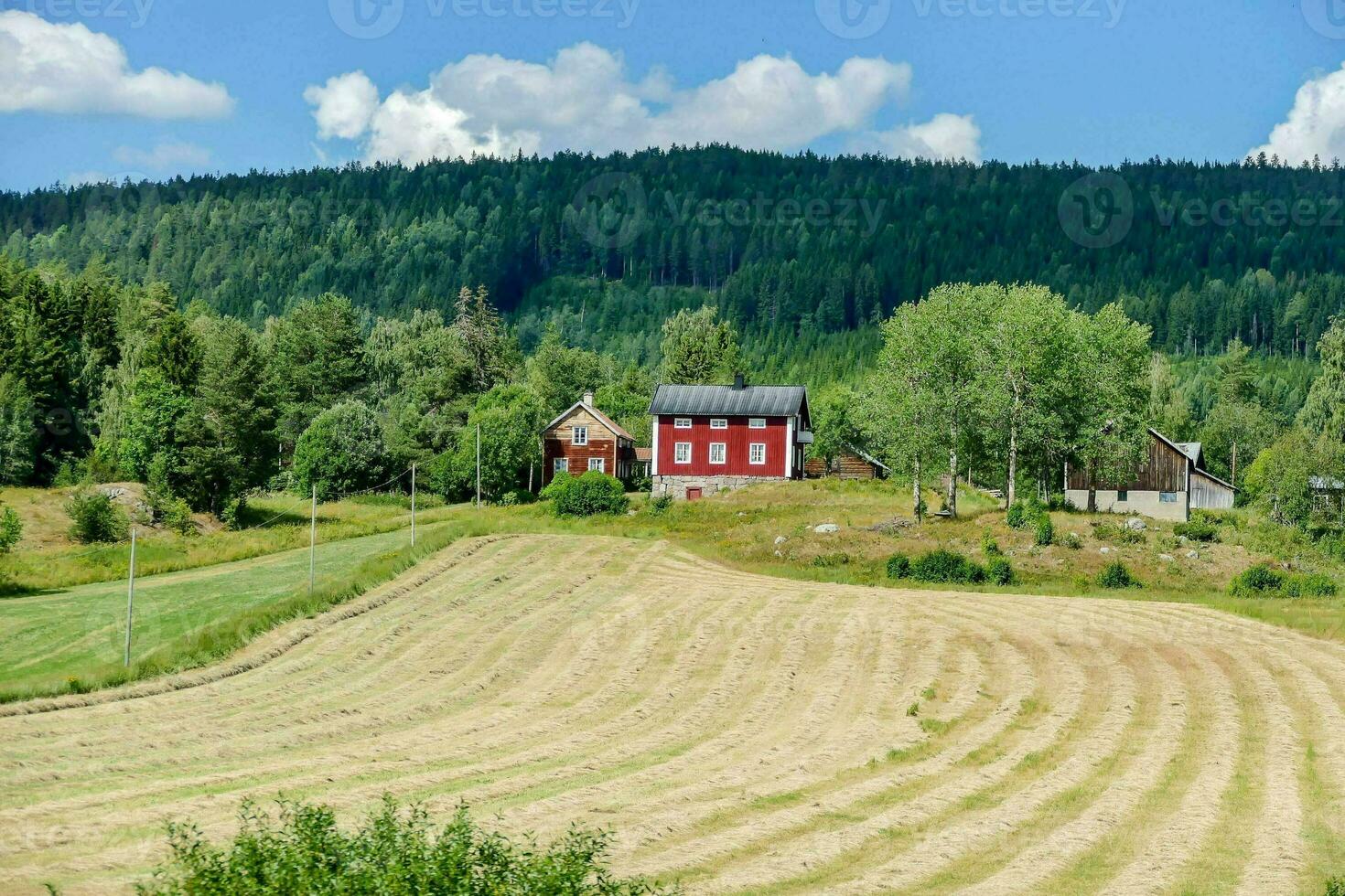 a red house in the middle of a field photo