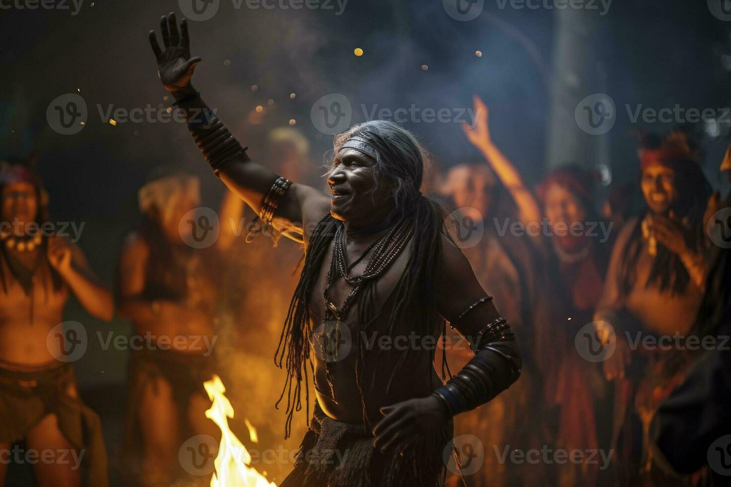 AI generated indigenous people dancing around the fire. generative ai photo