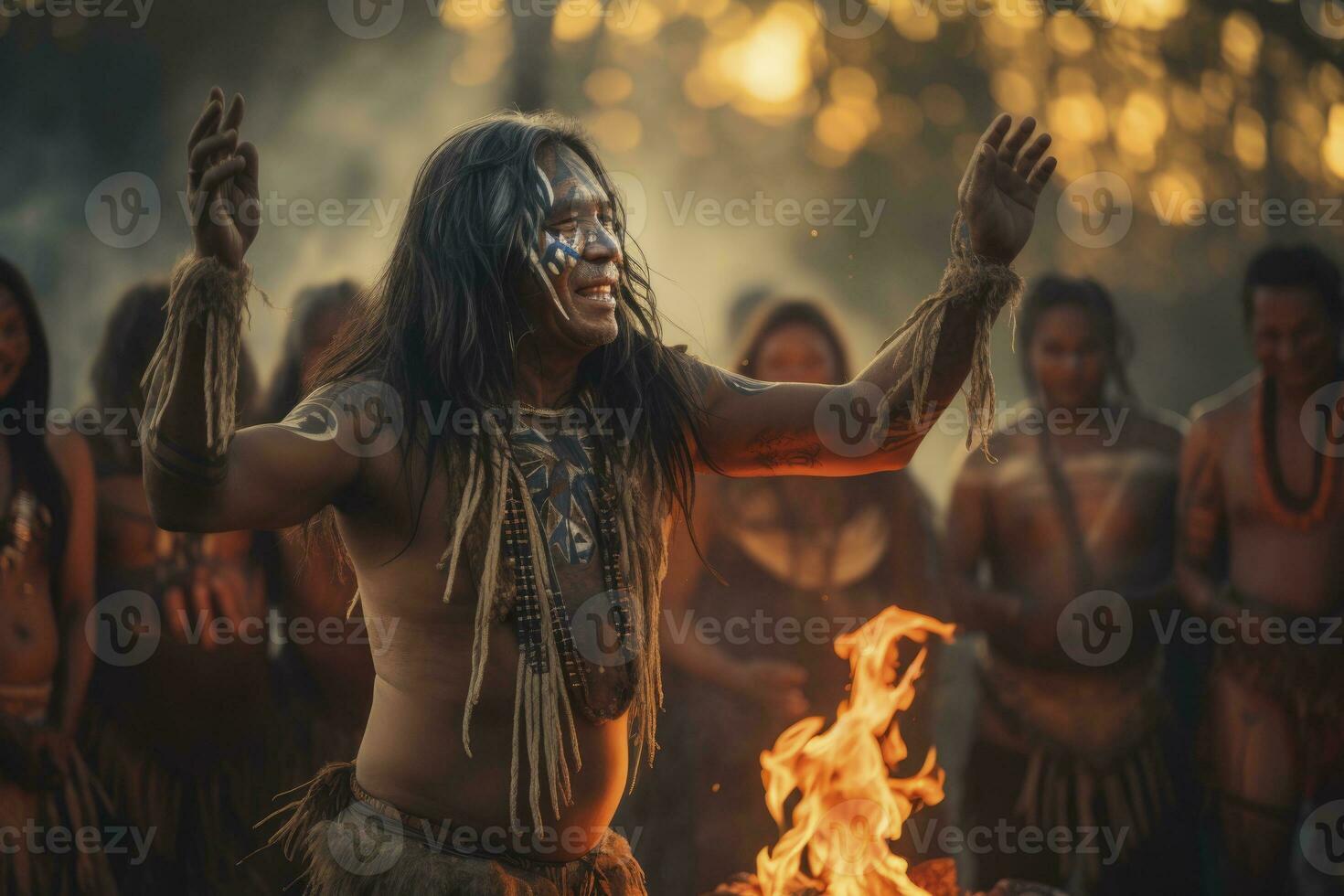 ai generado indígena personas bailando alrededor el fuego. generativo ai foto