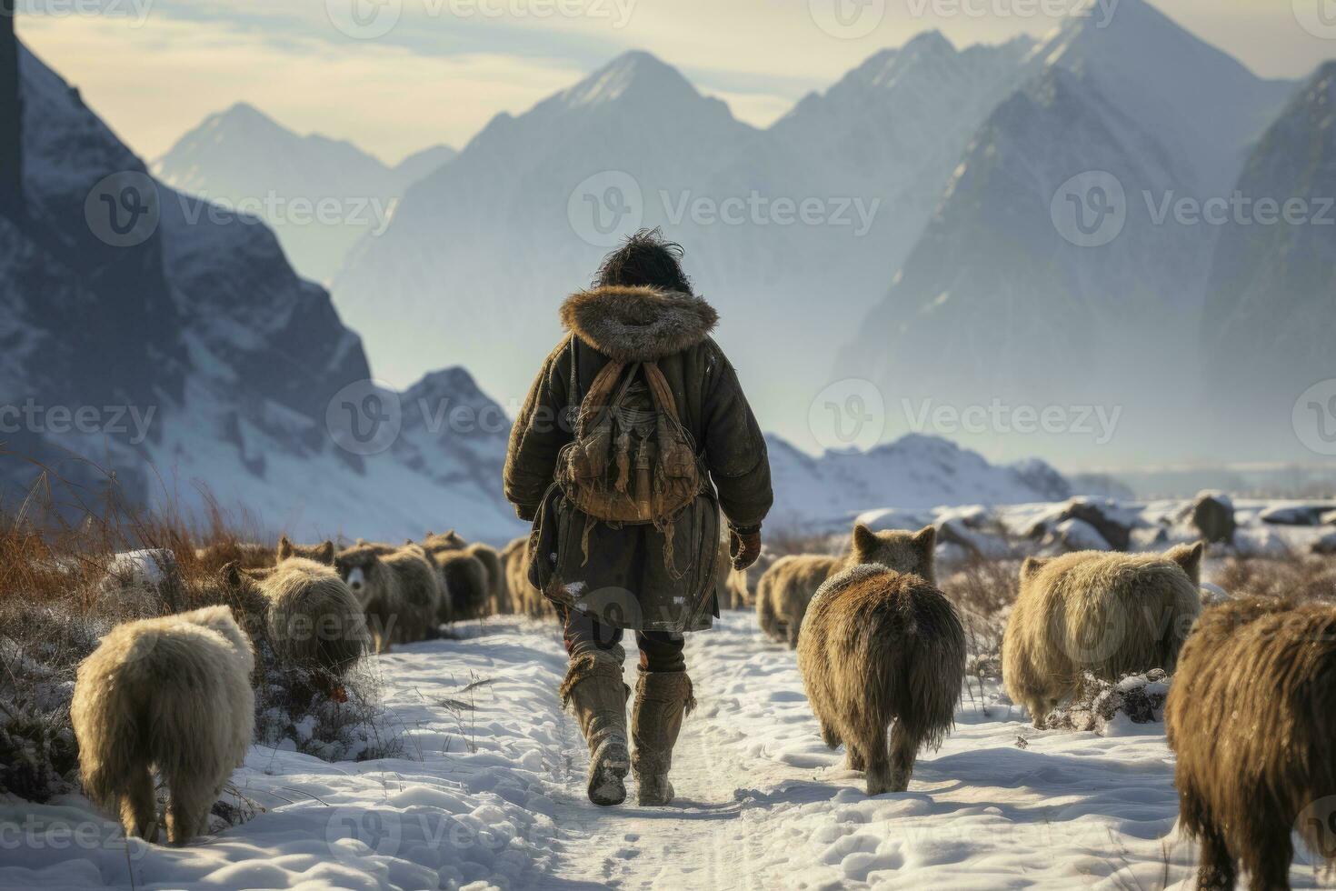 AI generated an indigenous man is walking sheep across a snow covered valley. Generative ai photo