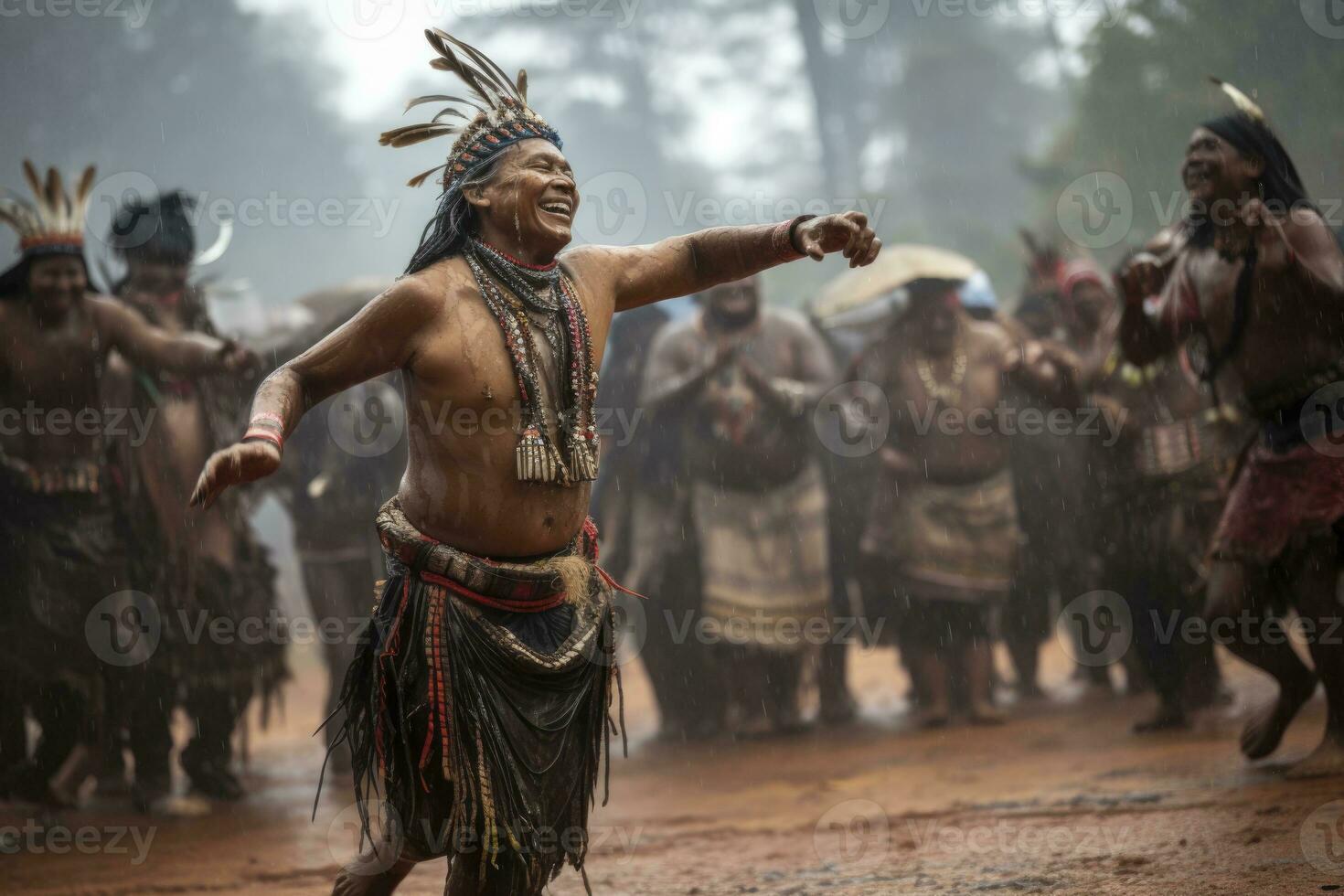 AI generated indigenous people dancing the rain dance. generative ai photo