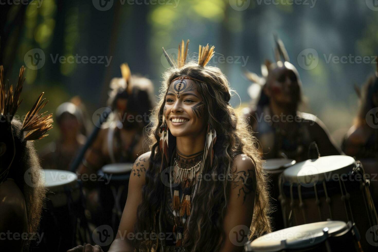 AI generated woman indigenous people playing drums. Generative ai photo