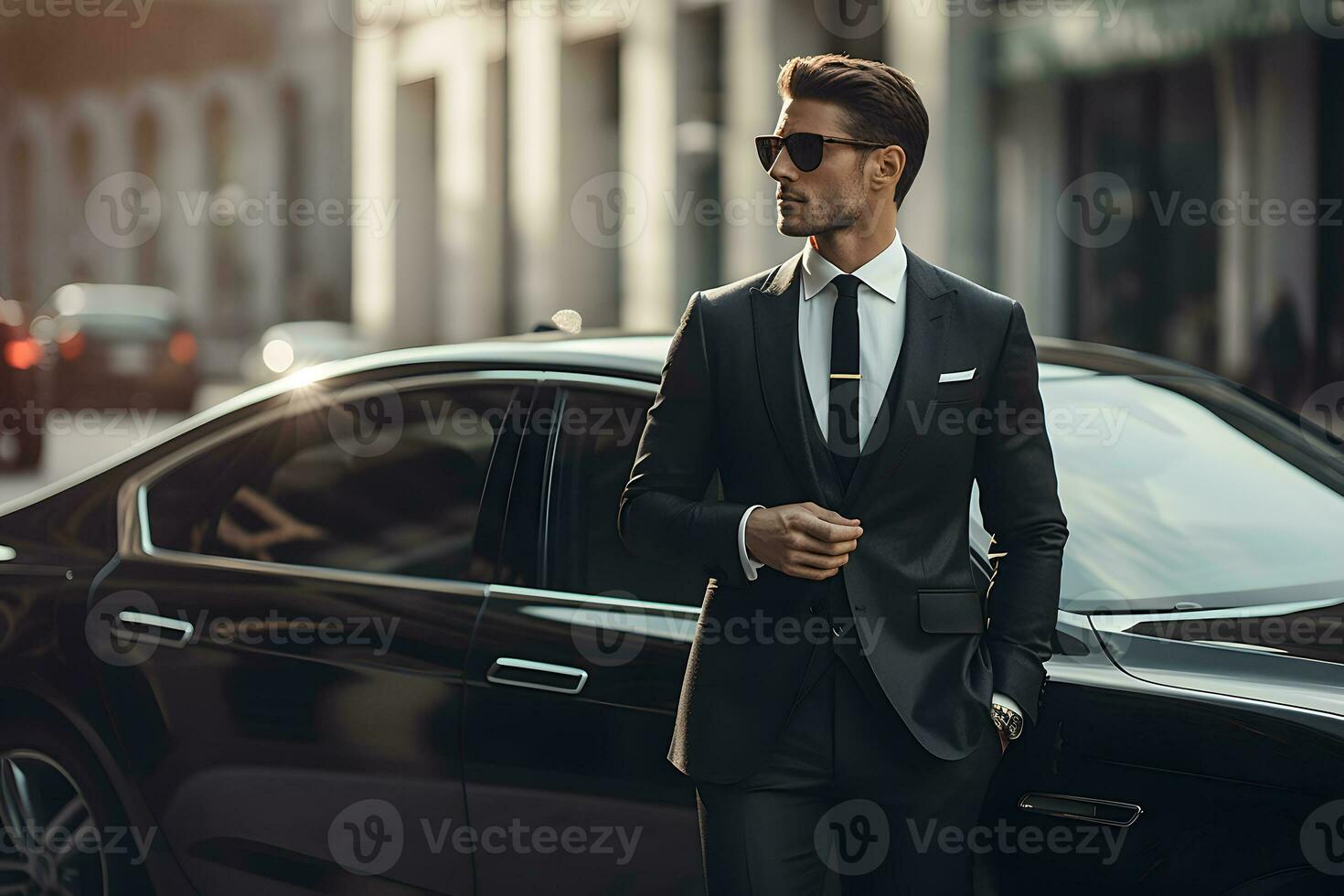 ai generado hermoso joven hombre en elegante traje y Gafas de sol es en pie cerca lujo negro coche foto