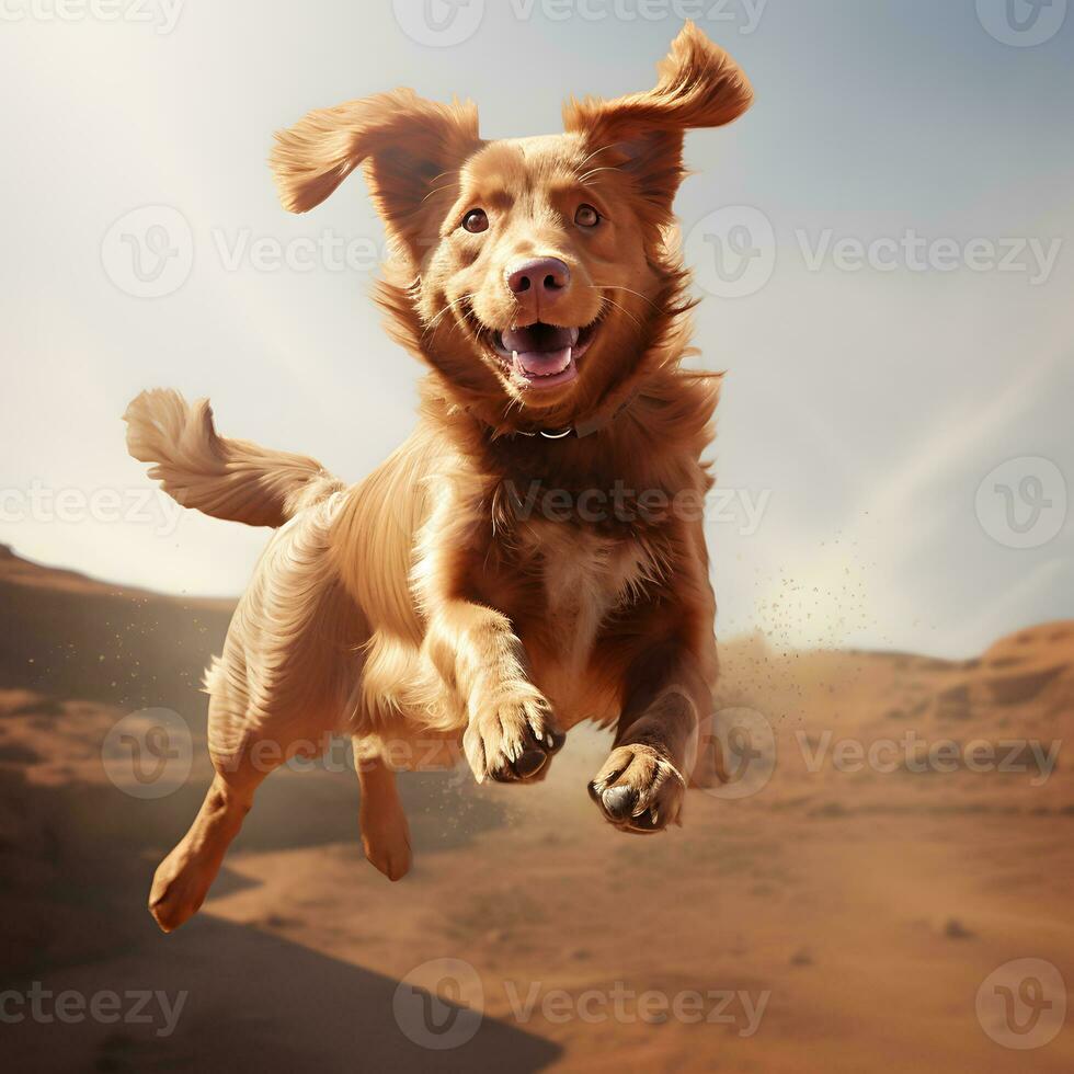 ai generado dorado perdiguero saltando en el aire con arena dunas en el antecedentes foto