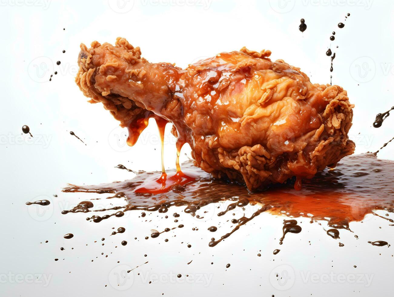 AI generated chicken drumstick on a white background with splashes of sauce photo