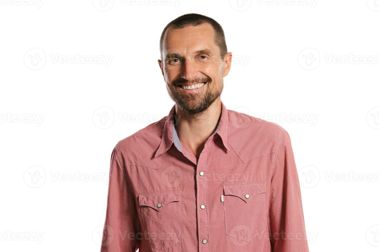 Middle-aged man with beard, mustache and short haircut posing isolated on white background. Sincere emotions concept. photo